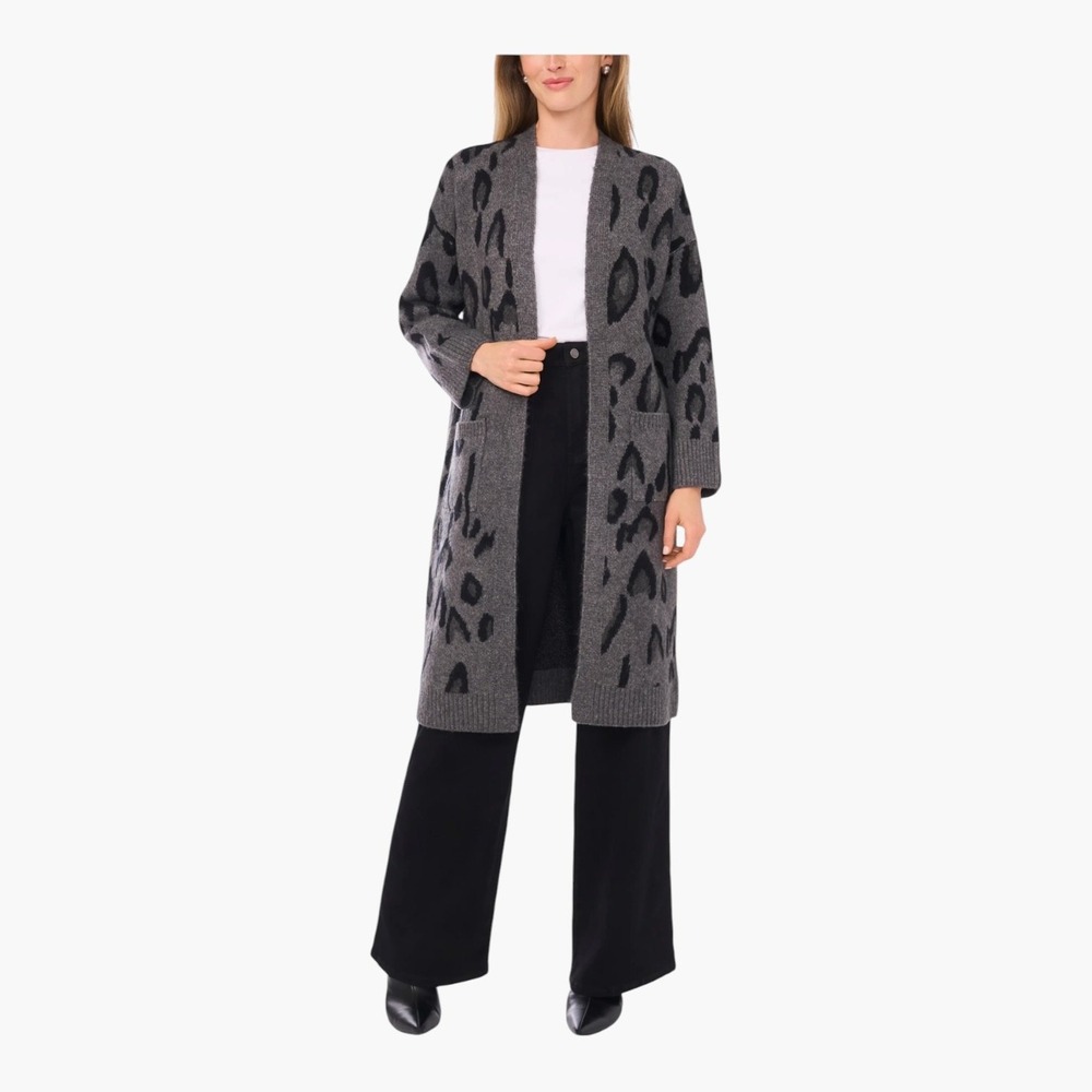 Vince Camuto Longline Duster Cardigan Sweater Leopard Print Grey Women Size M